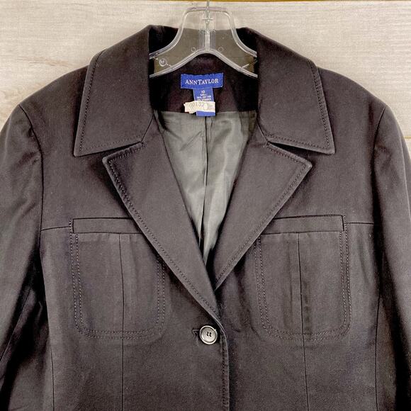 Ann Taylor Blazer Jacket Womens 10 Black Stretch Cotton Lined Two Button Casual - Picture 2 of 10